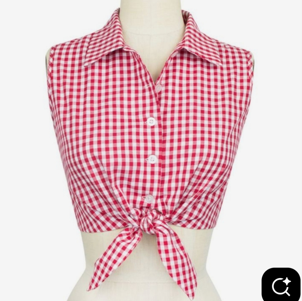 Trashy Diva DOLLY Gingham Red And White Button Tie Collar Top Size 10